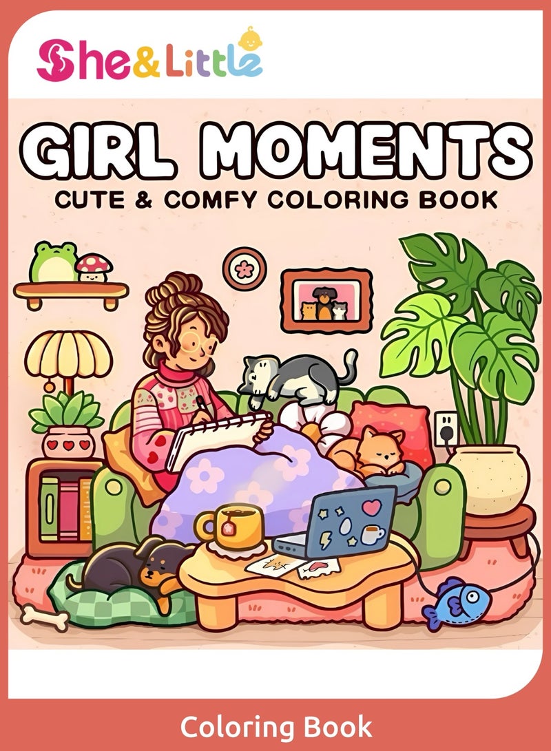 She&Little Girl Moments Coloring Book, 40 Pages, Cozy Spaces Series, Hand Drawn Daily Life Scenes, Single Sided, Travel Friendly - Image 1
